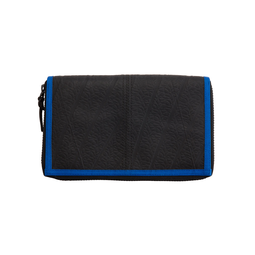 Paguro Upcycle black travel pouch with blue trim and zip textured surface recycled rubber travel organiser for toiletries