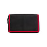 Paguro Upcycle black travel pouch with red trim and zip closure made from textured tyre material recycled rubber travel organiser