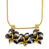 Paguro Upcycle reclaimed wood necklace with three hand-painted flower pendants on gold chain