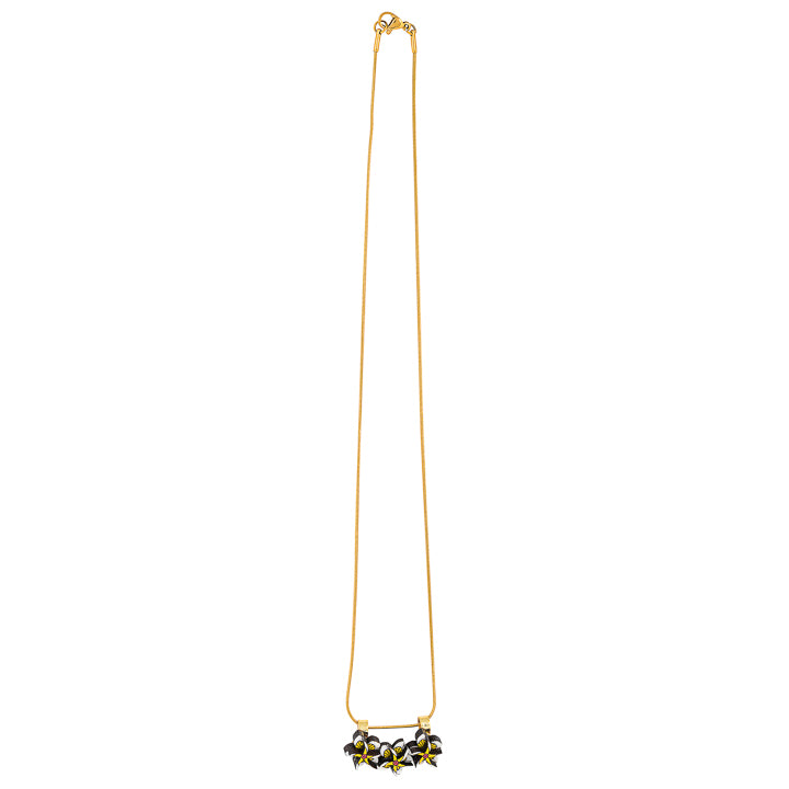 Paguro Upcycle reclaimed wood necklace with black and yellow flower design on gold chain
