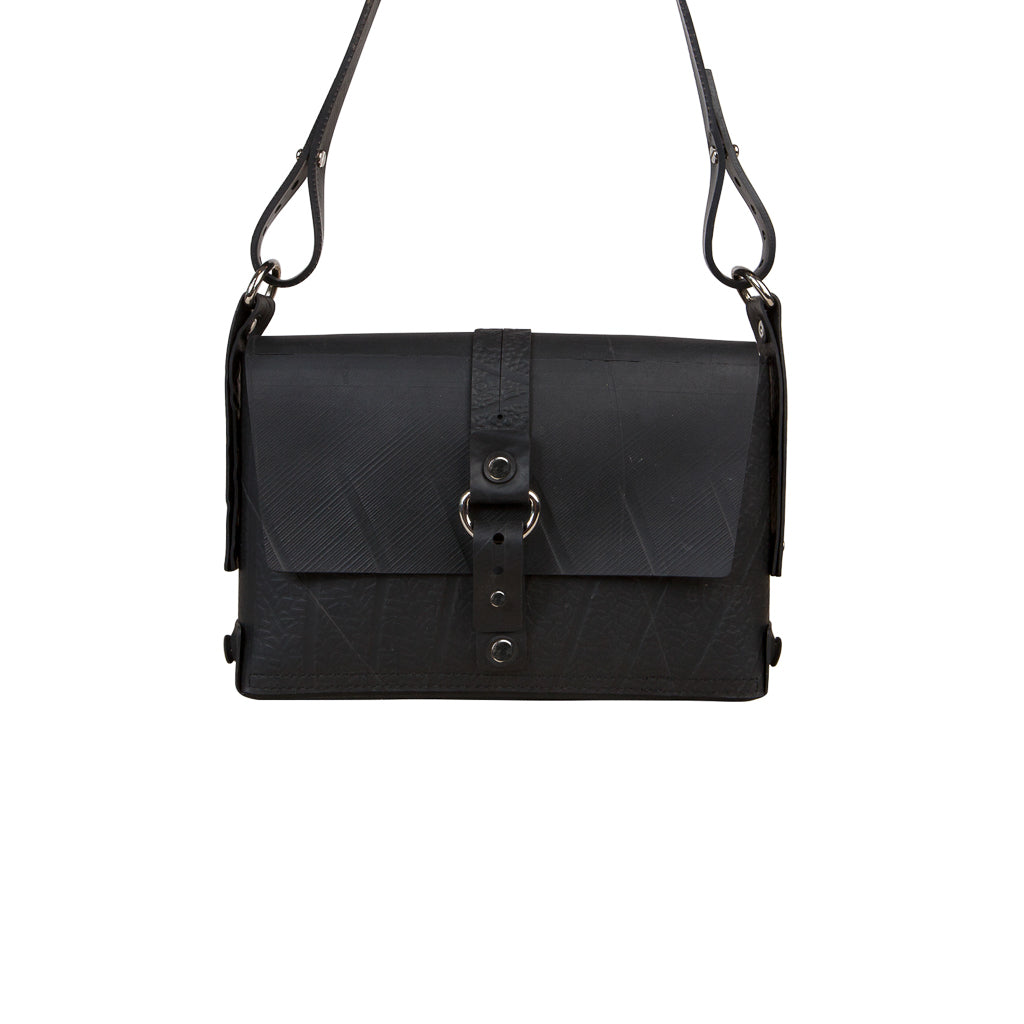 Paguro Upcycle black vegan handbag with adjustable strap and front buckle closure