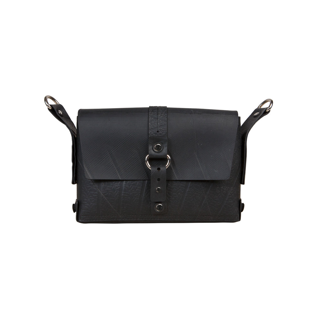 Black vegan handbag by Paguro Upcycle with flap and buckle closure design