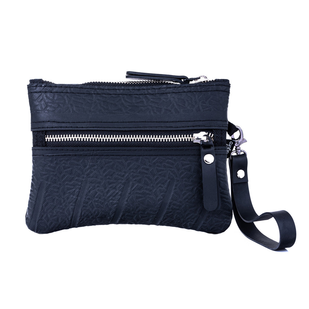 Paguro Upcycle black vegan wristlet pouch with textured pattern and zipper pockets