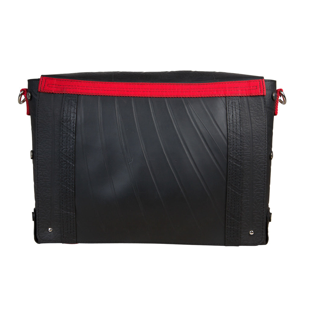 Paguro Upcycle recycled rubber messenger bag with black body and red strap detail