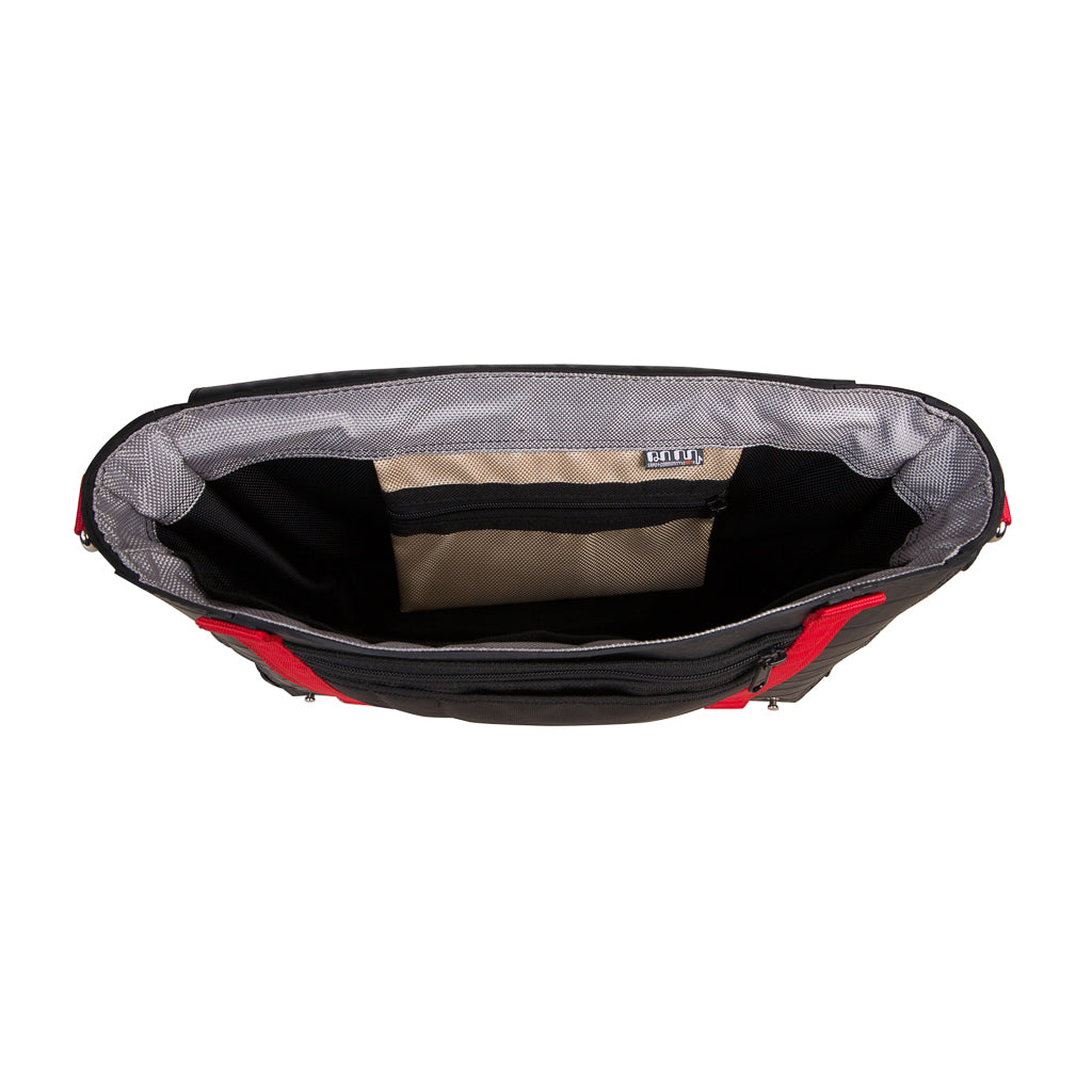 Open recycled rubber messenger bag by Paguro Upcycle showing grey and beige interior with zippered pocket