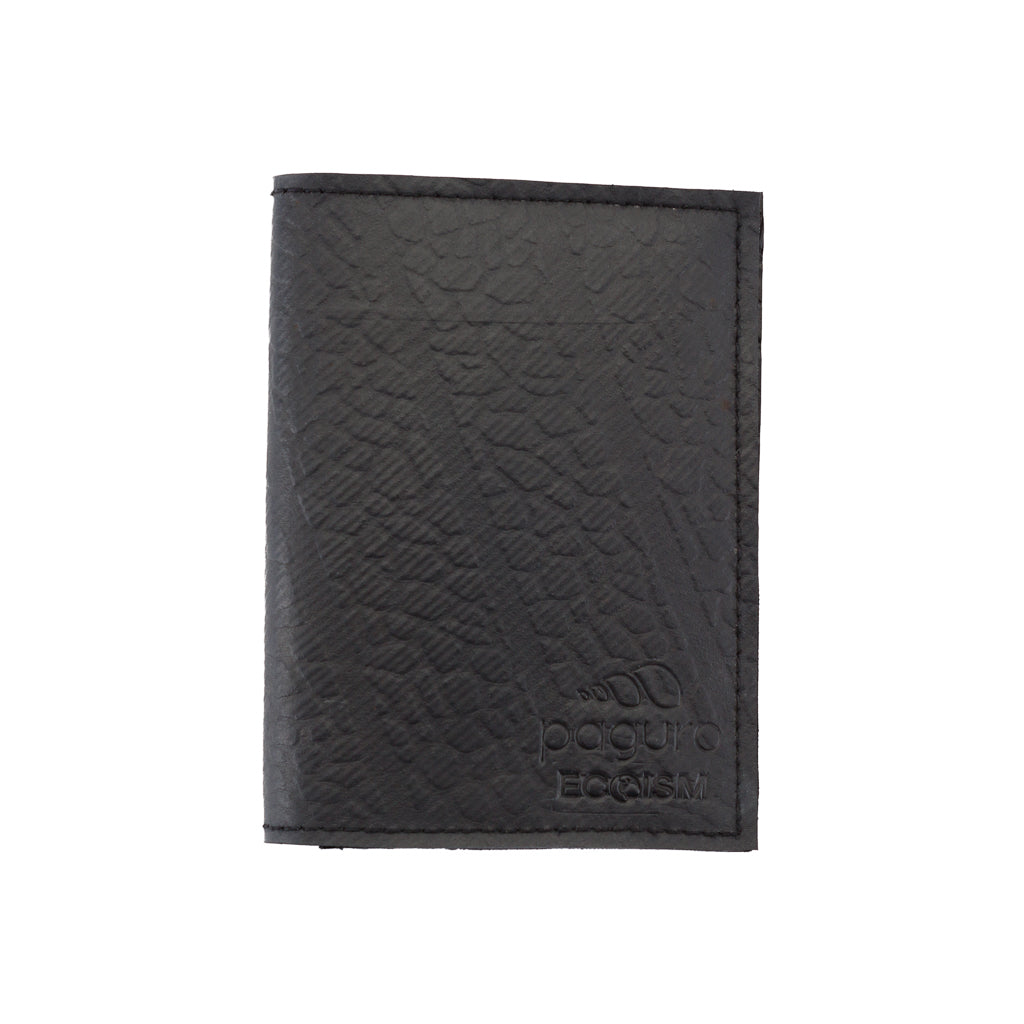 Paguro Upcycle black recycled rubber wallet with textured surface and embossed logo