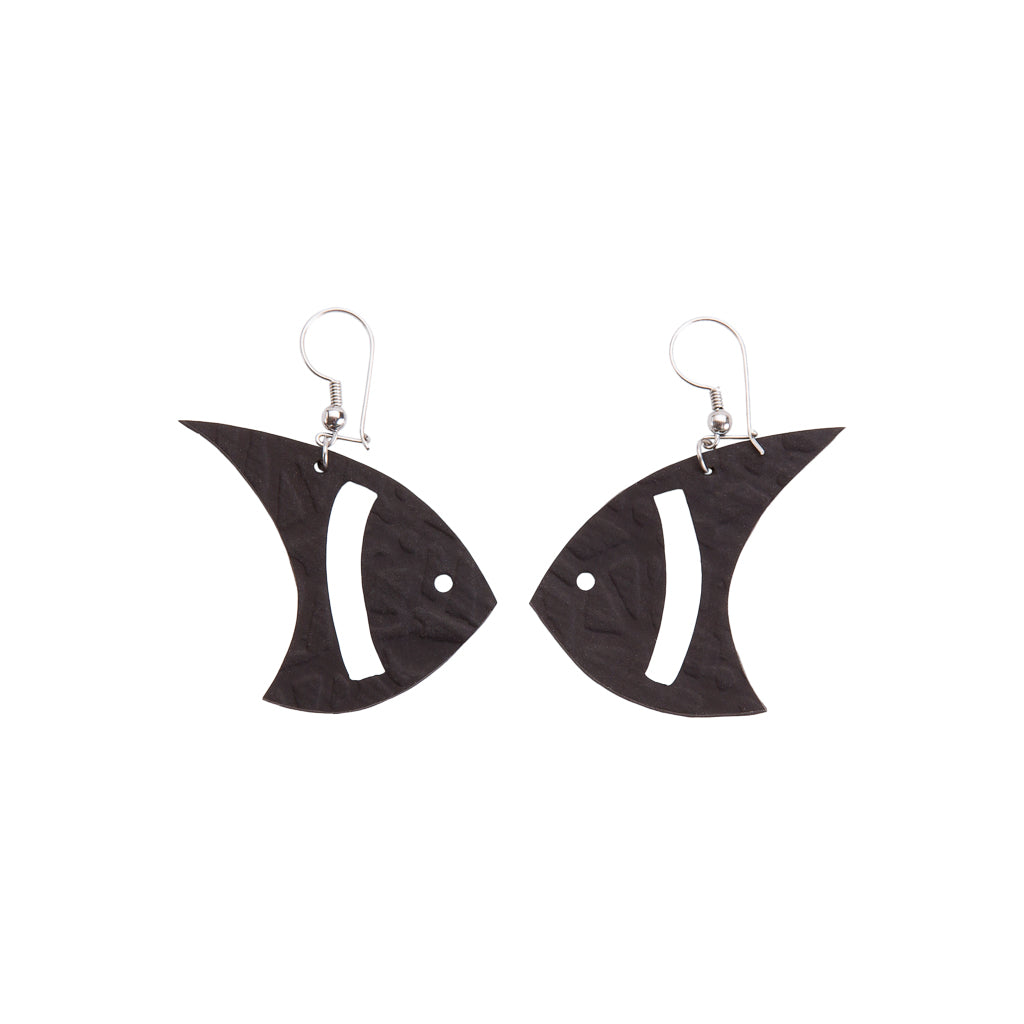 Paguro Upcycle fish shaped recycled rubber earrings in black with silver hook fittings