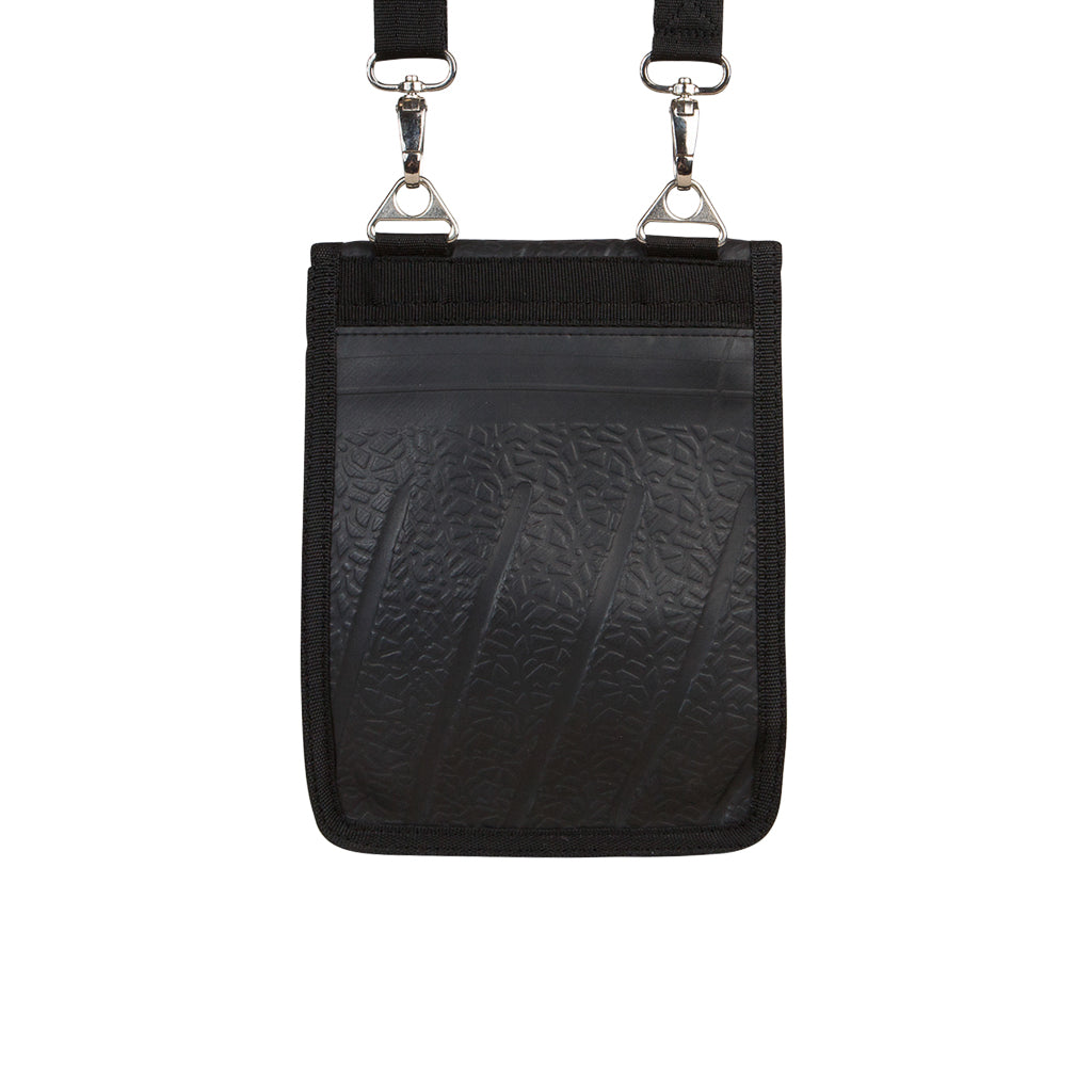 Paguro Upcycle black recycled rubber handbag with detachable straps and textured surface