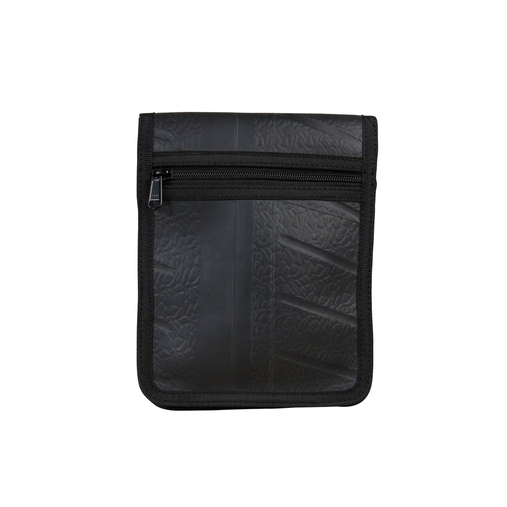 Black recycled rubber handbag by Paguro Upcycle with front zipper pocket and textured finish