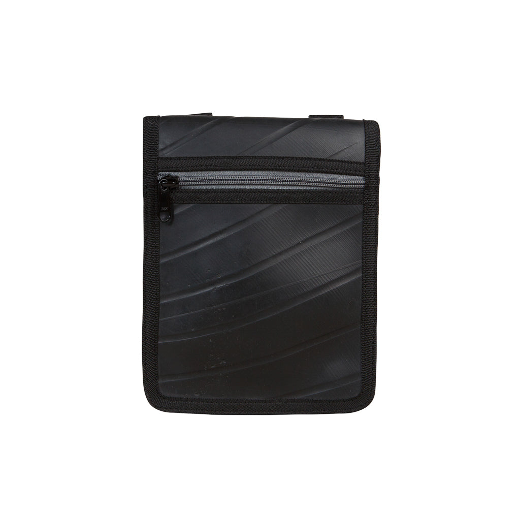 Paguro Upcycle black recycled rubber handbag with front zippered pocket and compact design