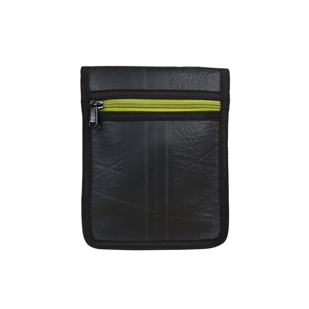 Paguro Upcycle black recycled rubber handbag with green zipper and compact square design