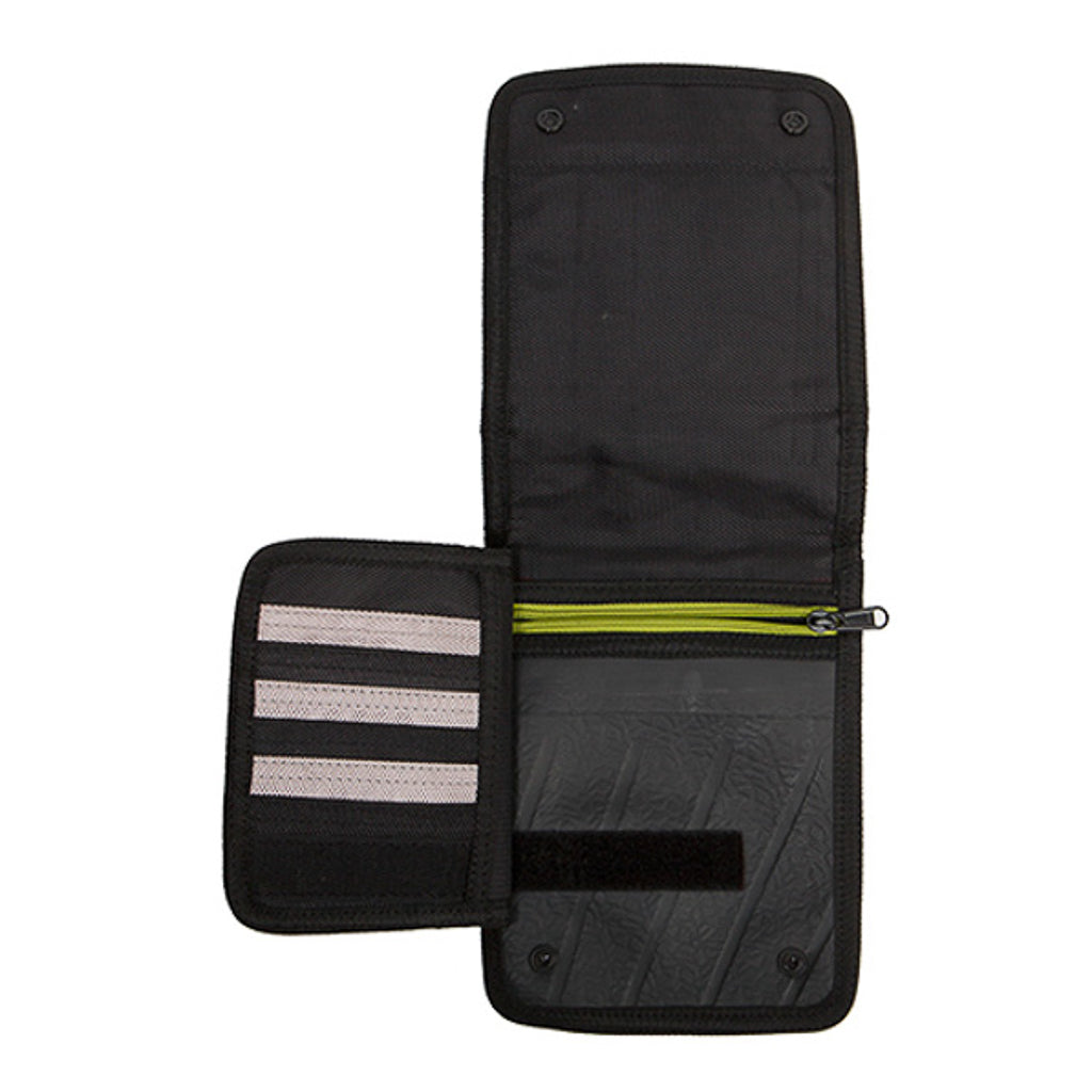 Paguro Upcycle recycled rubber handbag open showing interior card slots and zipper pocket