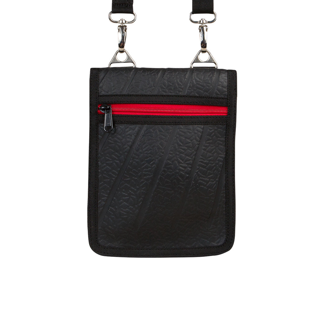 Paguro Upcycle black recycled rubber handbag with red zipper and detachable strap