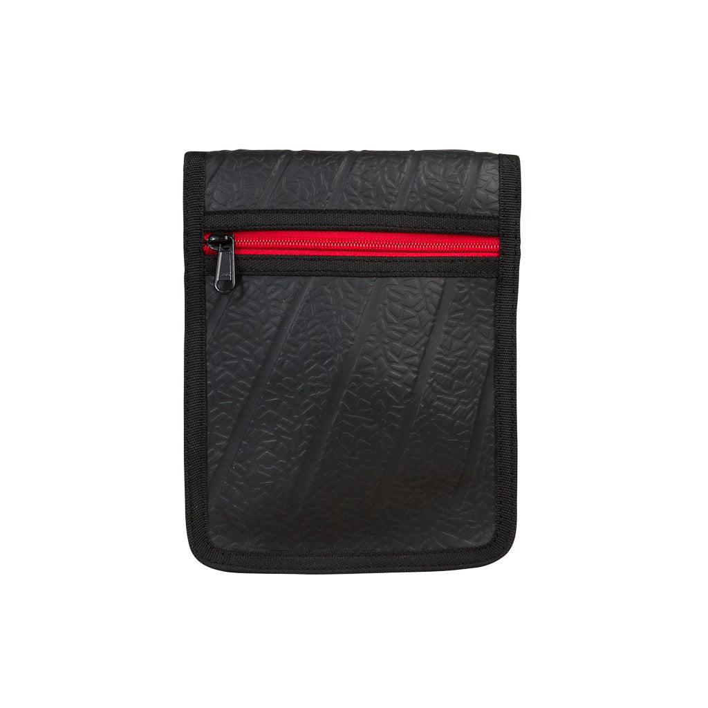 Paguro Upcycle black recycled rubber handbag with red zippered front pocket and compact design