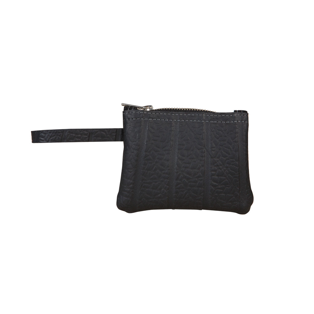 Paguro Upcycle recycled rubber wristlet pouch with zipper and detachable strap in black