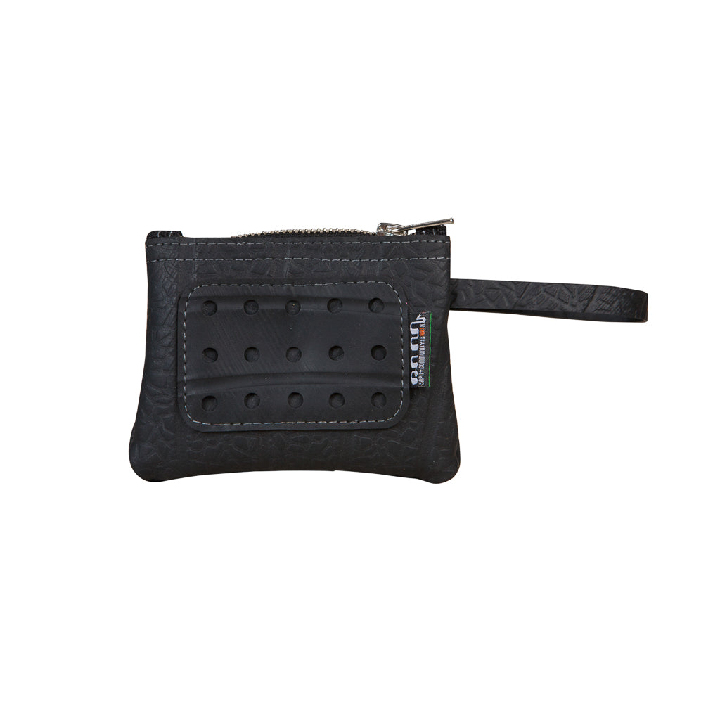 Paguro Upcycle black recycled rubber wristlet pouch with zipper and wrist strap for eco-friendly storage