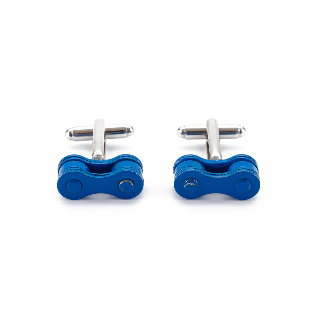 Paguro Upcycle recycled bicycle chain cufflinks in blue with silver backs stylish men's accessories