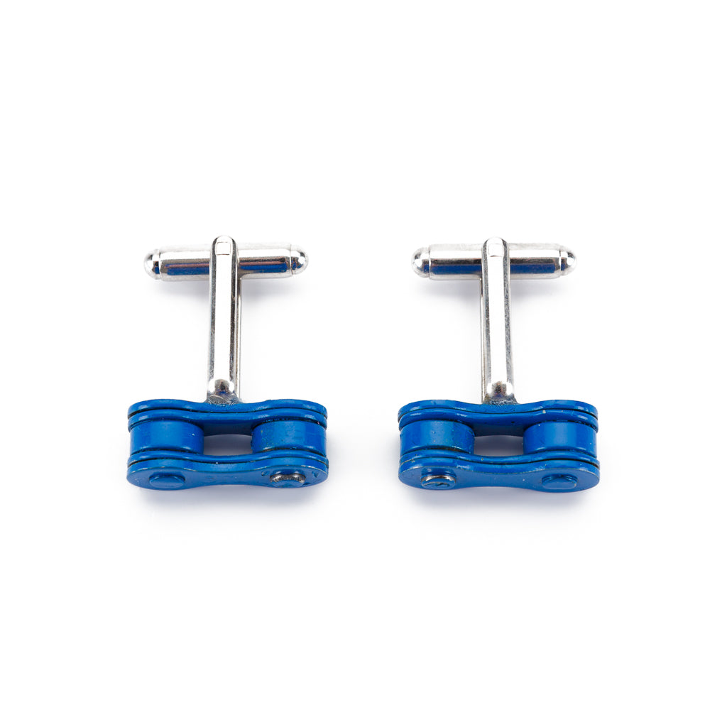 Paguro Upcycle recycled bicycle chain cufflinks in blue with silver hardware for eco-friendly style