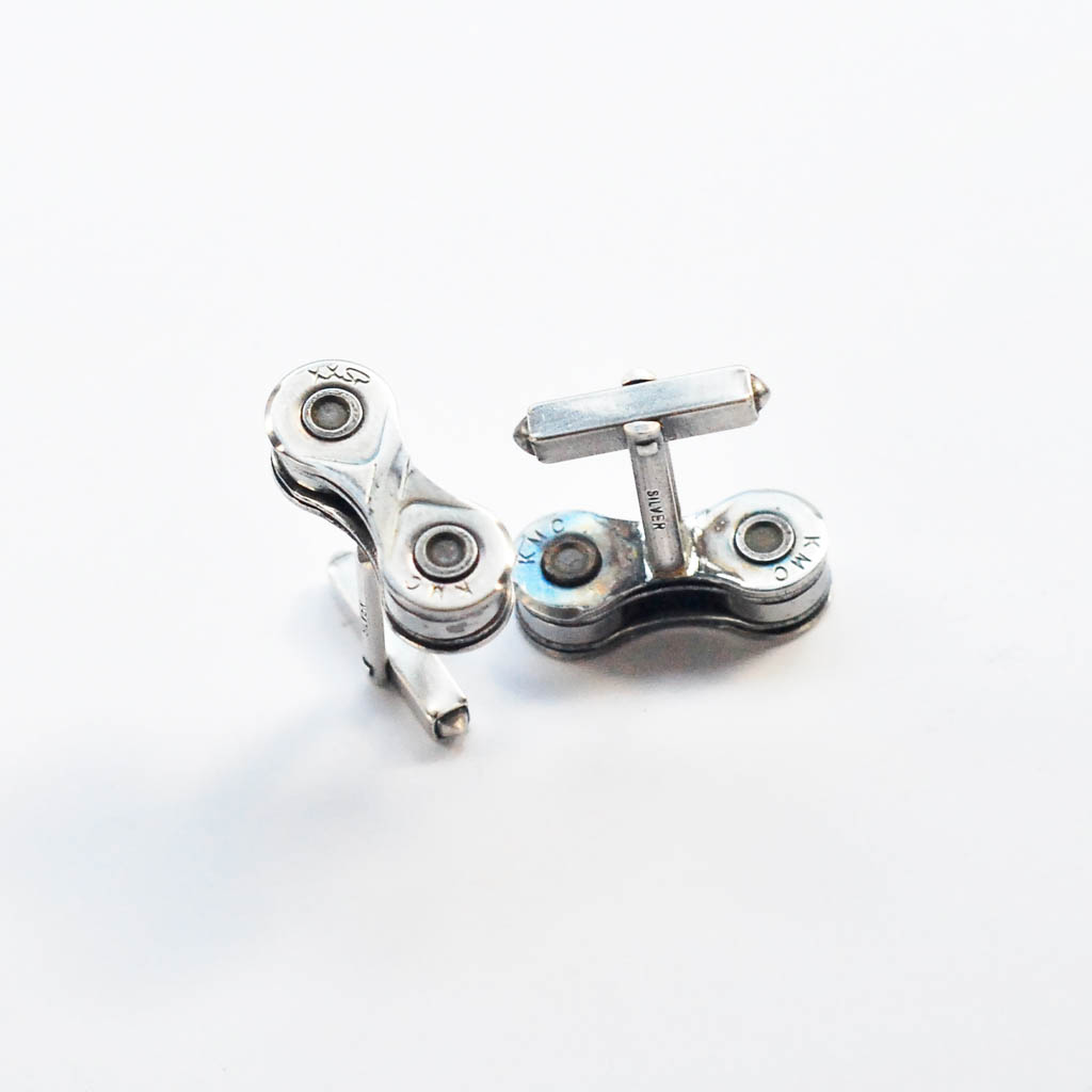 Paguro Upcycle recycled bicycle chain cufflinks made from polished metal bike chain links