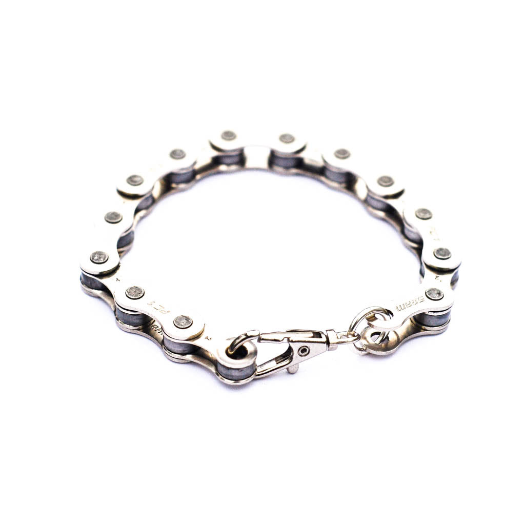Paguro Upcycle recycled bike chain bracelet with silver metal links and lobster clasp closure