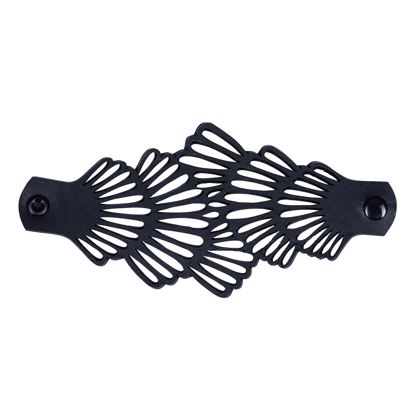 Paguro Upcycle black recycled rubber bracelet with intricate cutout design and snap button closure