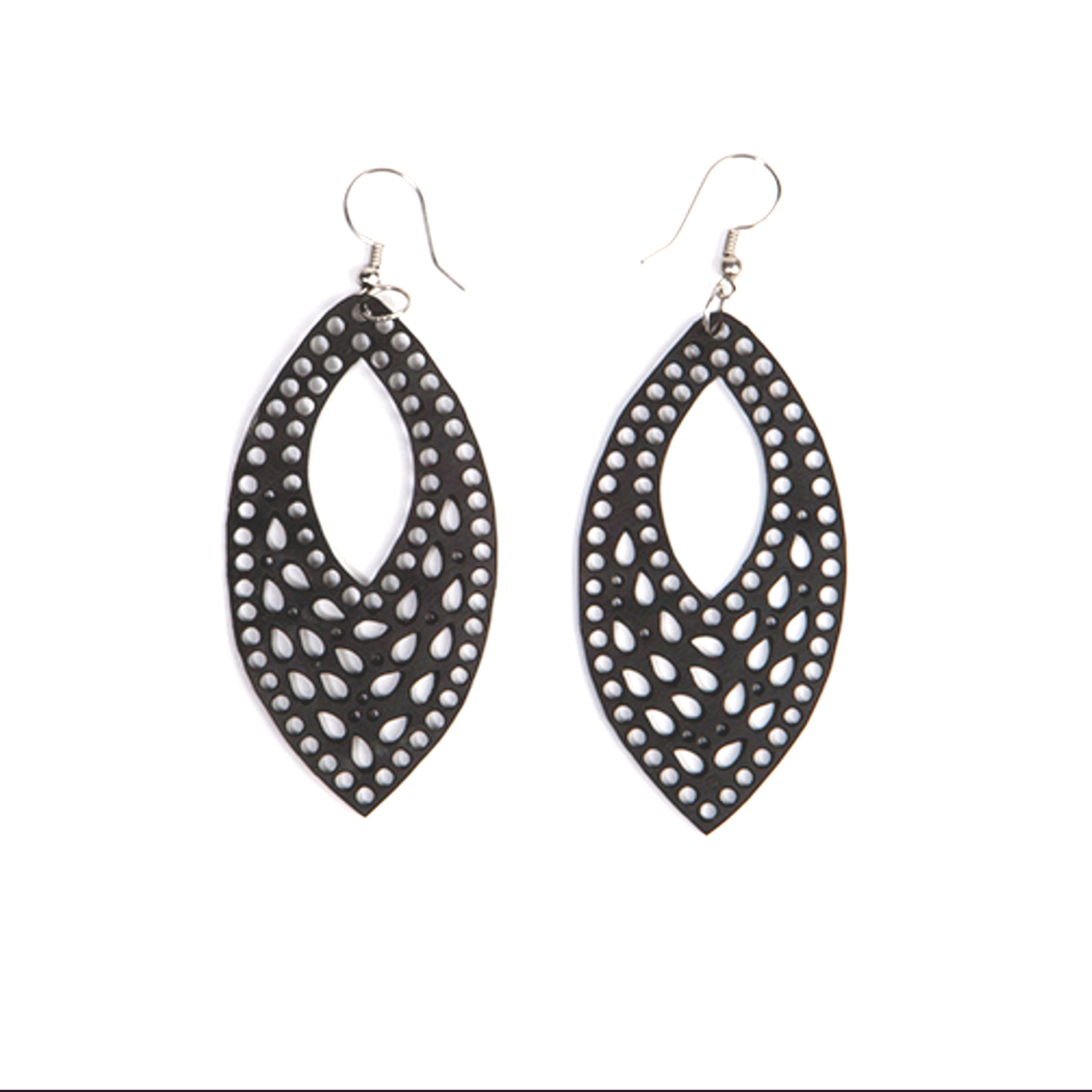 Paguro Upcycle black recycled rubber earrings with teardrop cutout and dotted pattern