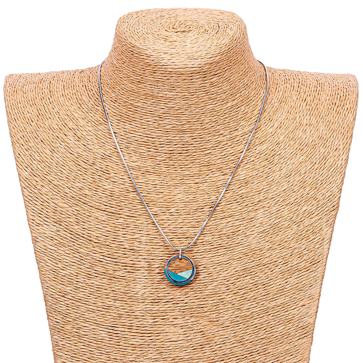 Paguro Upcycle recycled wood silver necklace with circular wooden and silver pendant on thin silver chain