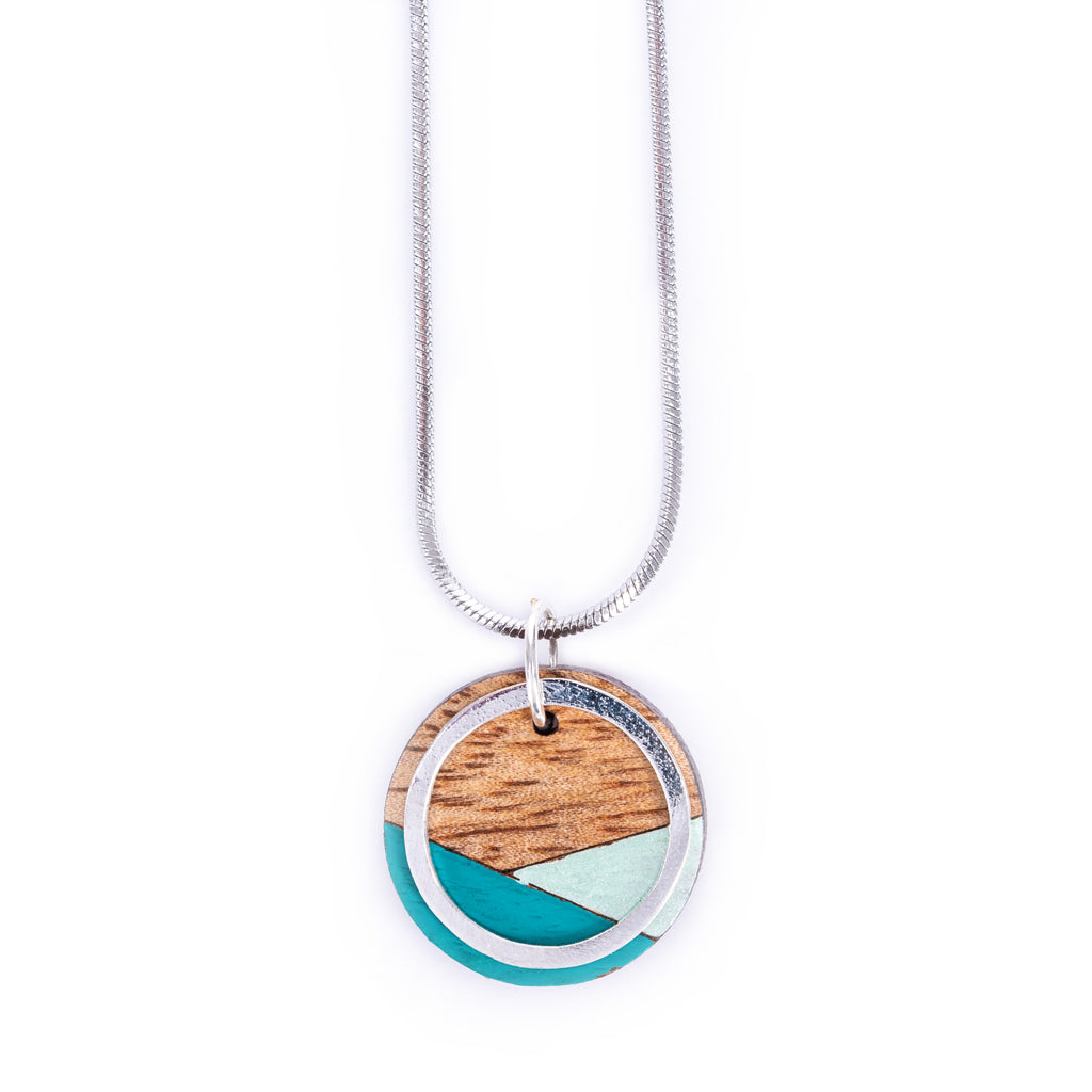 Paguro Upcycle recycled wood silver necklace with circular wooden pendant and turquoise inlay