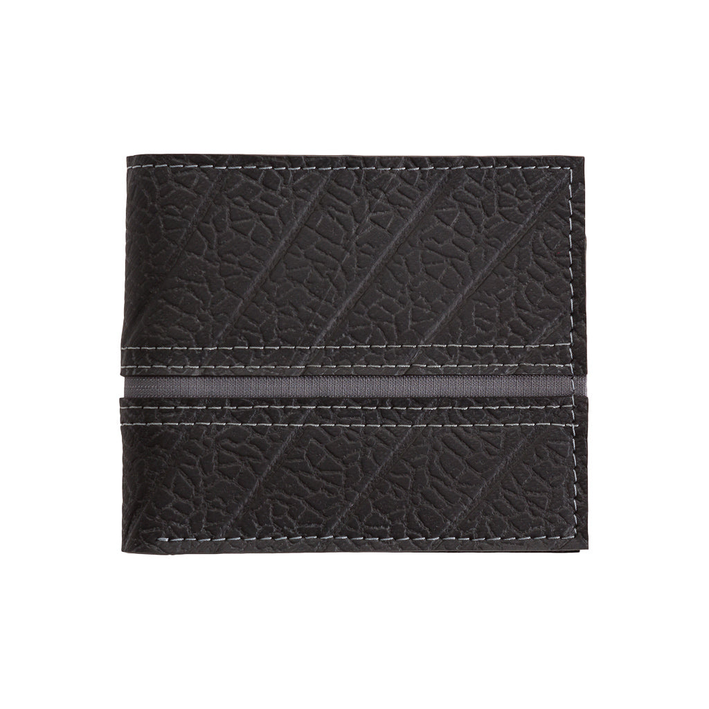 Paguro Upcycle black vegan wallet made from inner tube with textured surface and white stitching