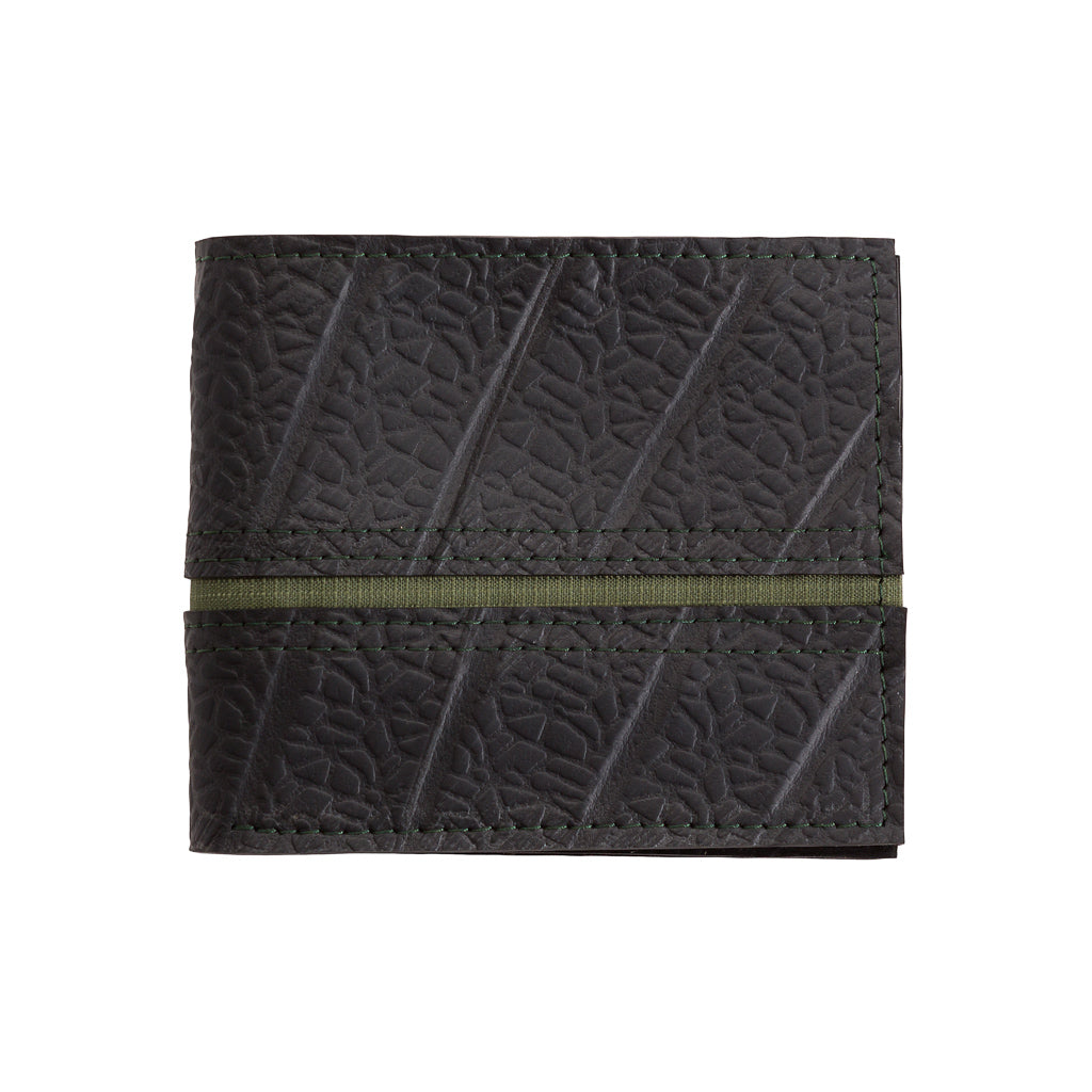 Paguro Upcycle vegan wallet made from inner tube with textured black surface and green stripe