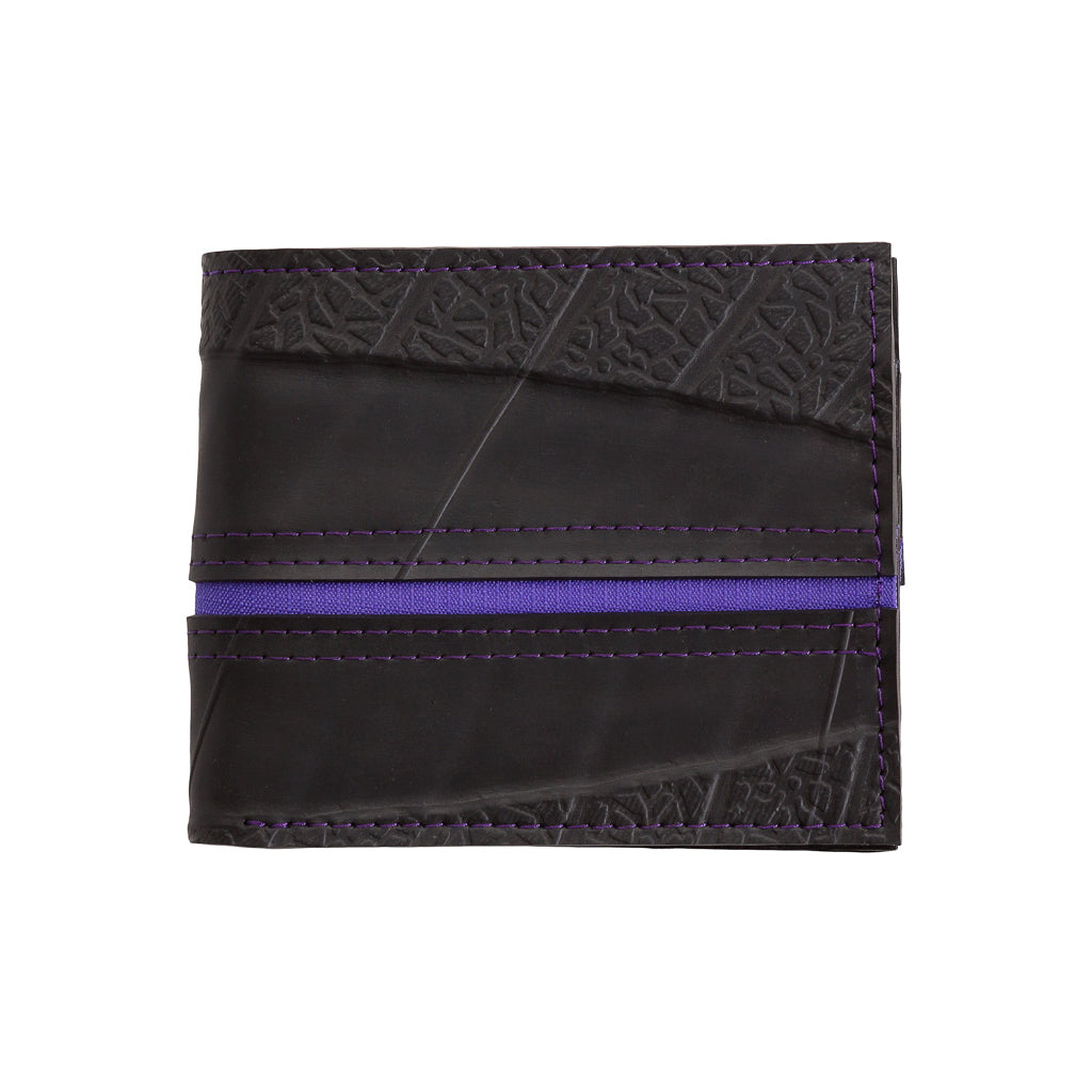 Paguro Upcycle vegan wallet made from inner tube with black and purple design and textured details