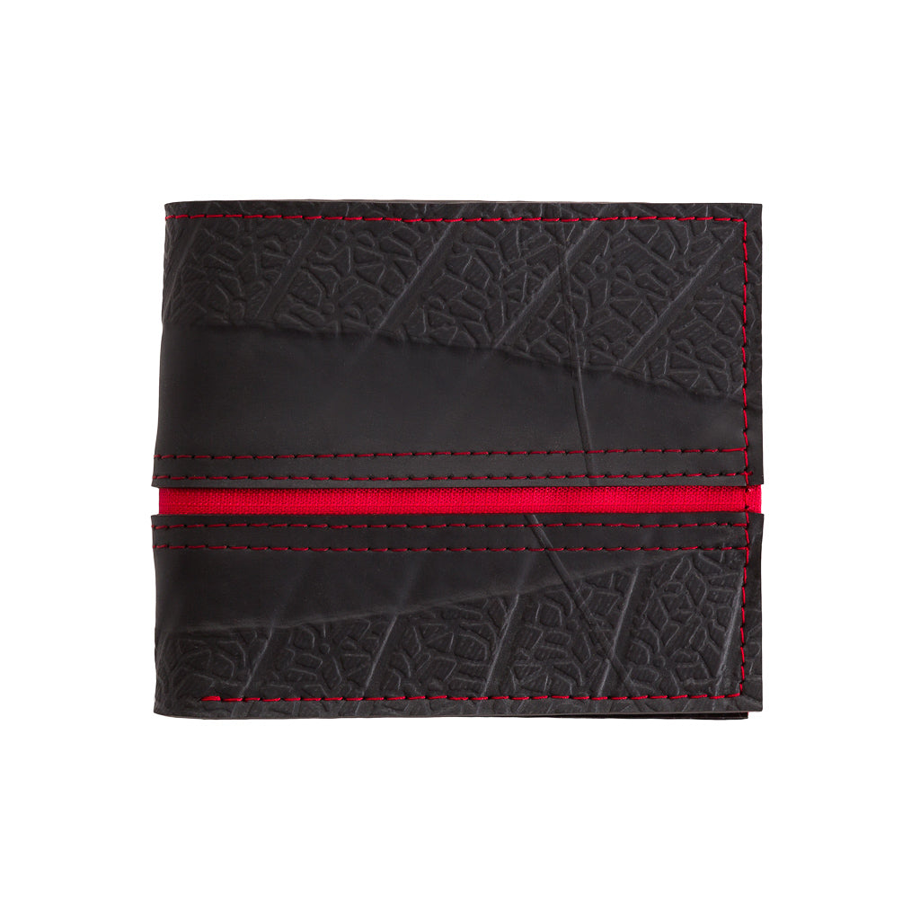 Paguro Upcycle vegan wallet made from inner tube with black textured design and red stitching