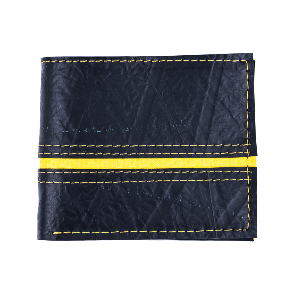 Paguro Upcycle vegan wallet made from inner tube with black and yellow stitched design