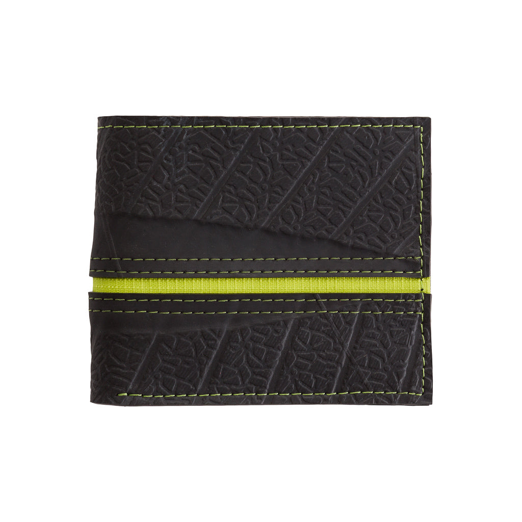 Paguro Upcycle vegan wallet made from inner tube with black textured surface and green stitching