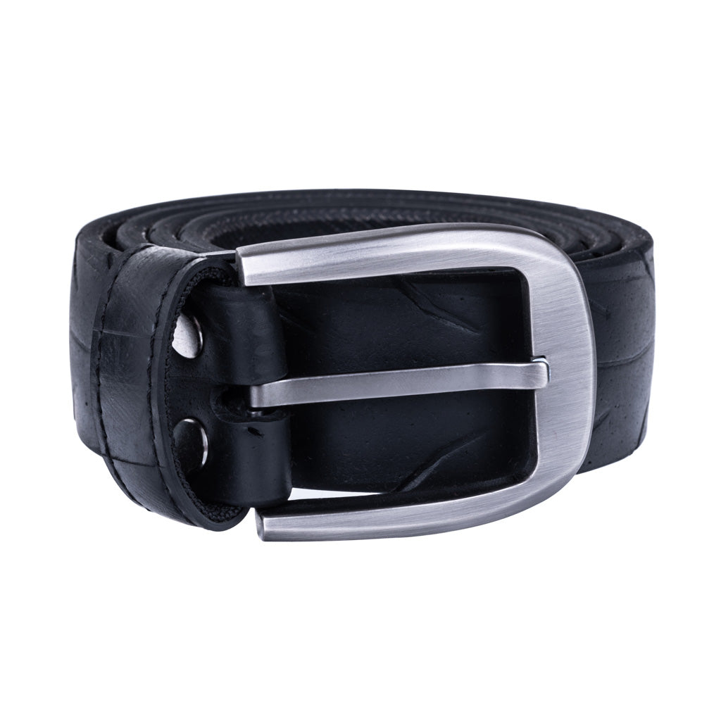 Paguro Upcycle recycled motorbike Tyre Rubber belt in black with a sleek silver buckle for an eco-friendly style
