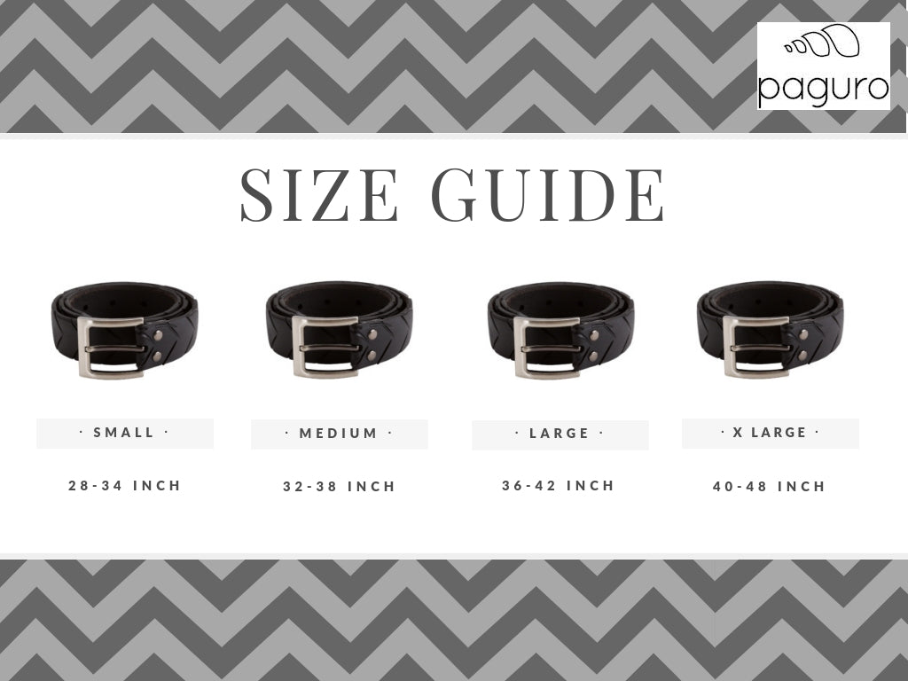 Paguro Upcycle Size Guide for Recycled Motorbike Tyre Rubber Belt in Small, Medium, Large and X Large