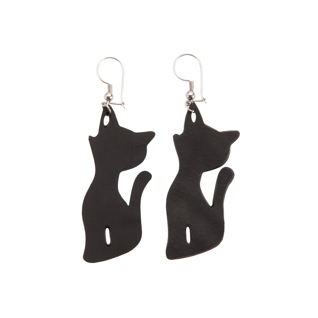 Paguro Upcycle recycled rubber cat earrings in black with silver hooks eco-friendly jewelry