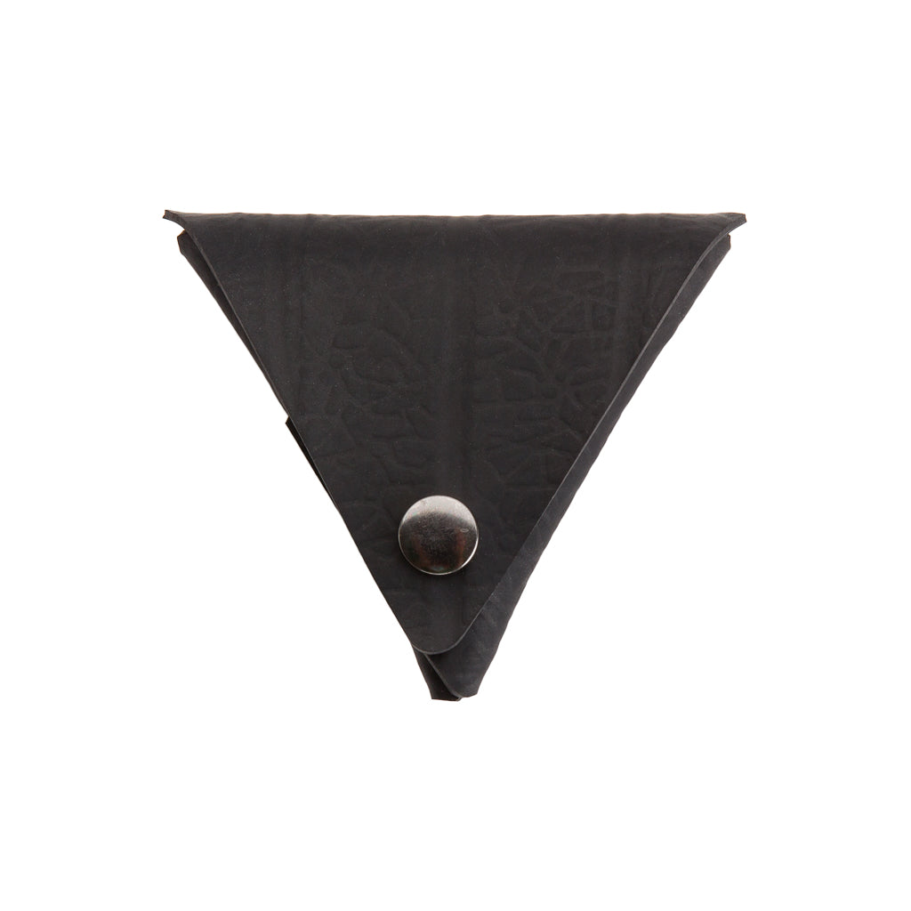 Paguro Upcycle black recycled rubber coin pouch with triangular shape and snap button closure