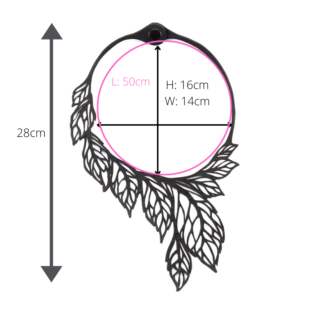 Paguro Upcycle recycled rubber leaf necklace with detailed black leaf design and size dimensions