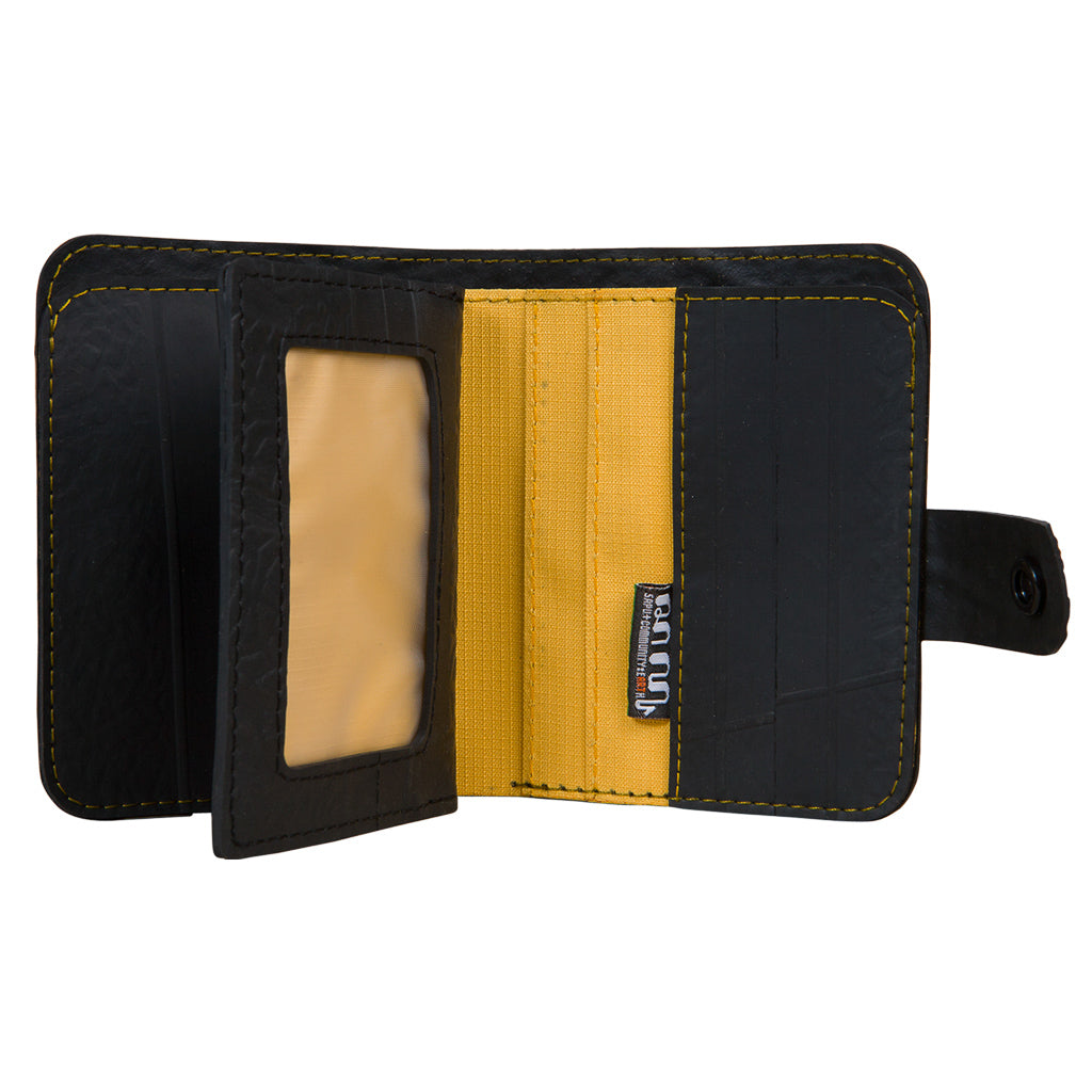 Paguro Upcycle recycled wallet with coin compartment in black and yellow with ID window and snap closure