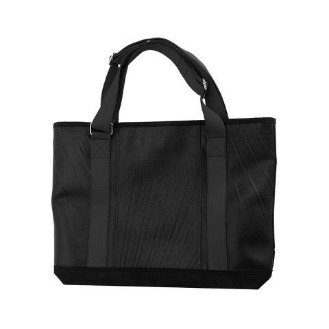 Black vegan tote bag made from inner tube with sturdy handles by Paguro Upcycle