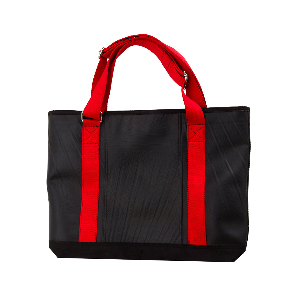 Paguro Upcycle vegan tote bag made from inner tube with black body and red handles