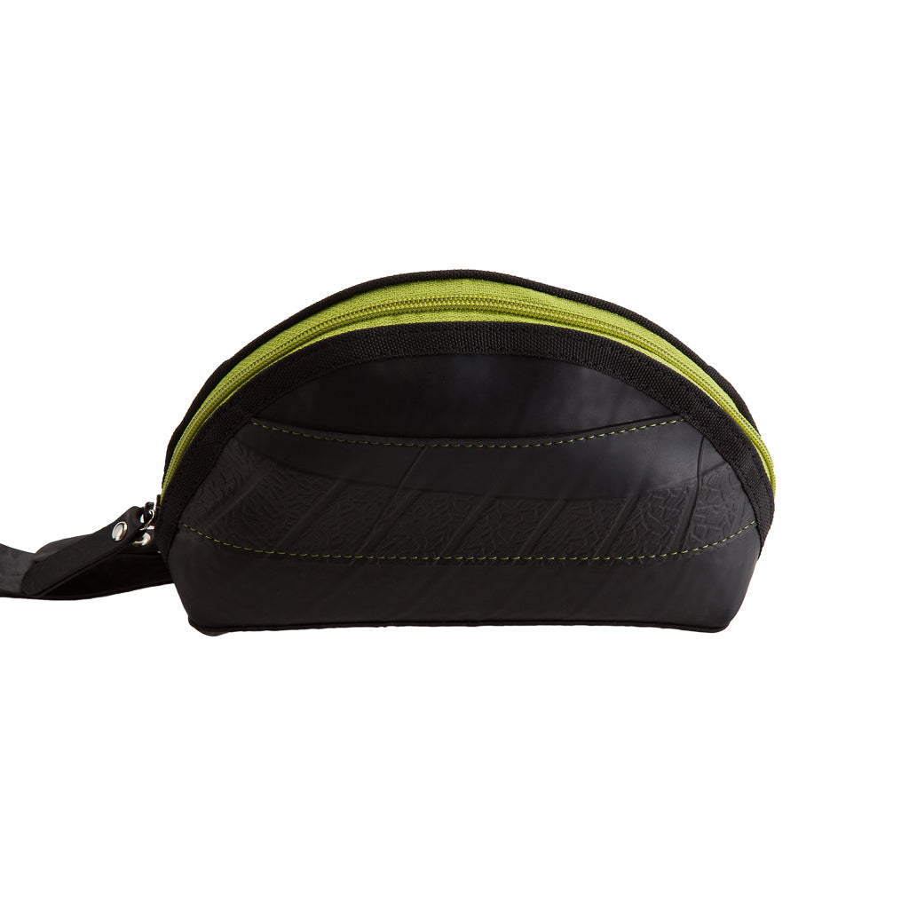 Paguro Upcycle black and green vegan travel pouch made from upcycled materials with zipper closure