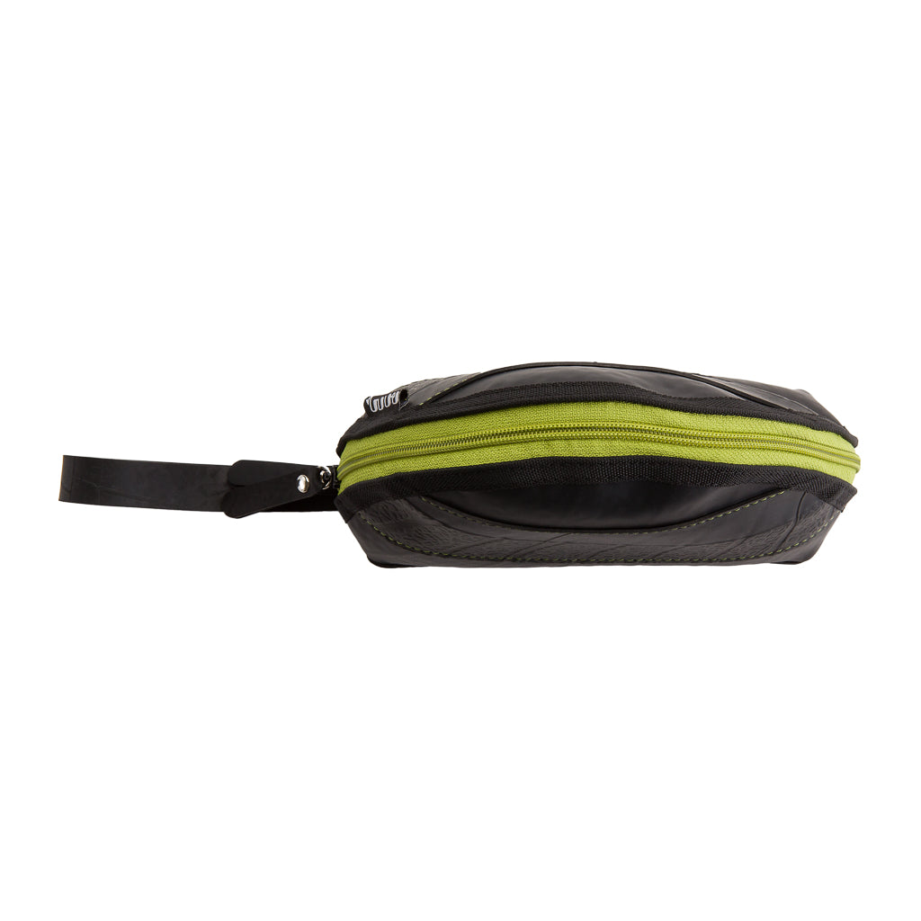 Paguro Upcycle black vegan travel pouch with green zipper and wrist strap for cosmetics