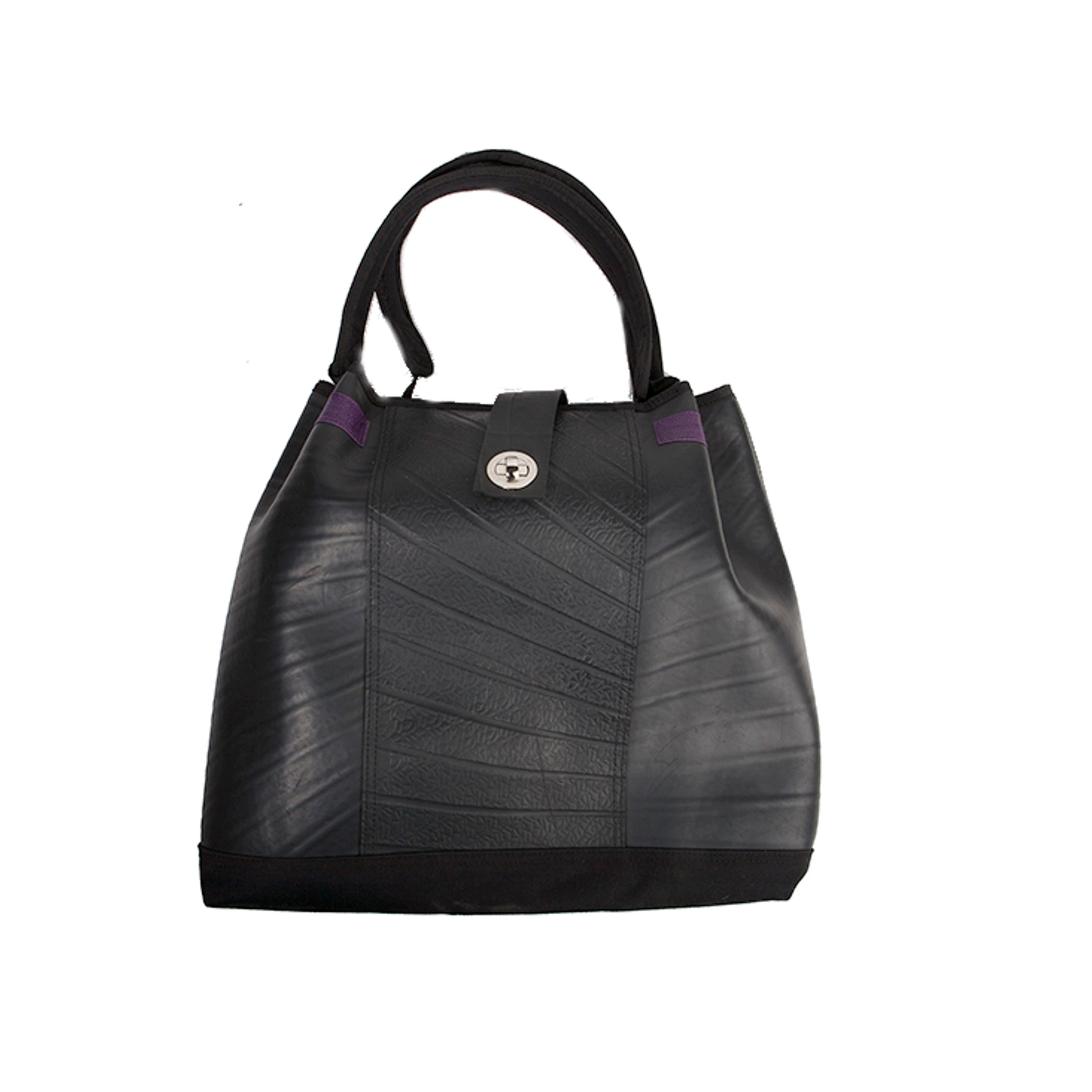 Paguro Upcycle black recycled rubber tote bag with sturdy handles and silver clasp closure